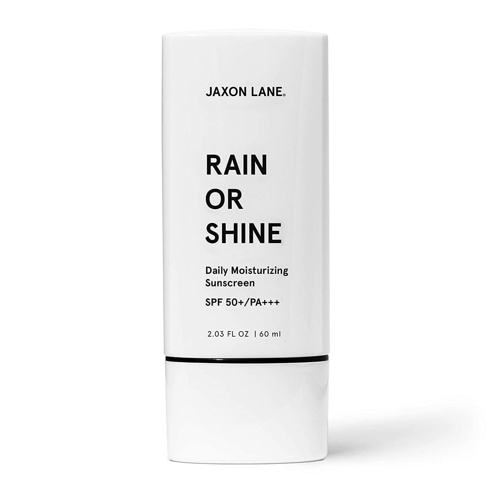 JAXON LANE Rain or Shine sunscreen bottle with SPF 50 protection for daily use.
