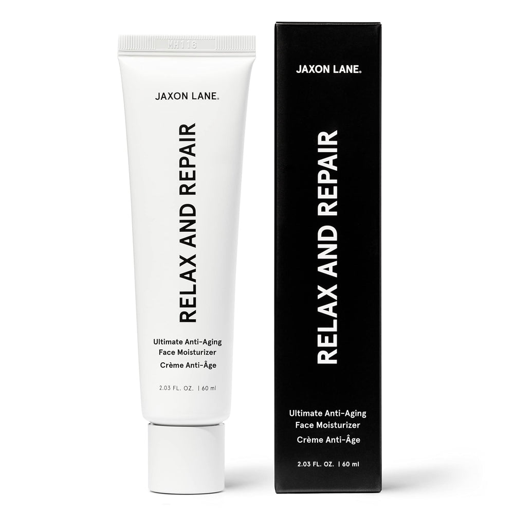 JAXON LANE Relax and Repair bottle front highlights fragrance-free anti-aging moisturizer for daily hydration.