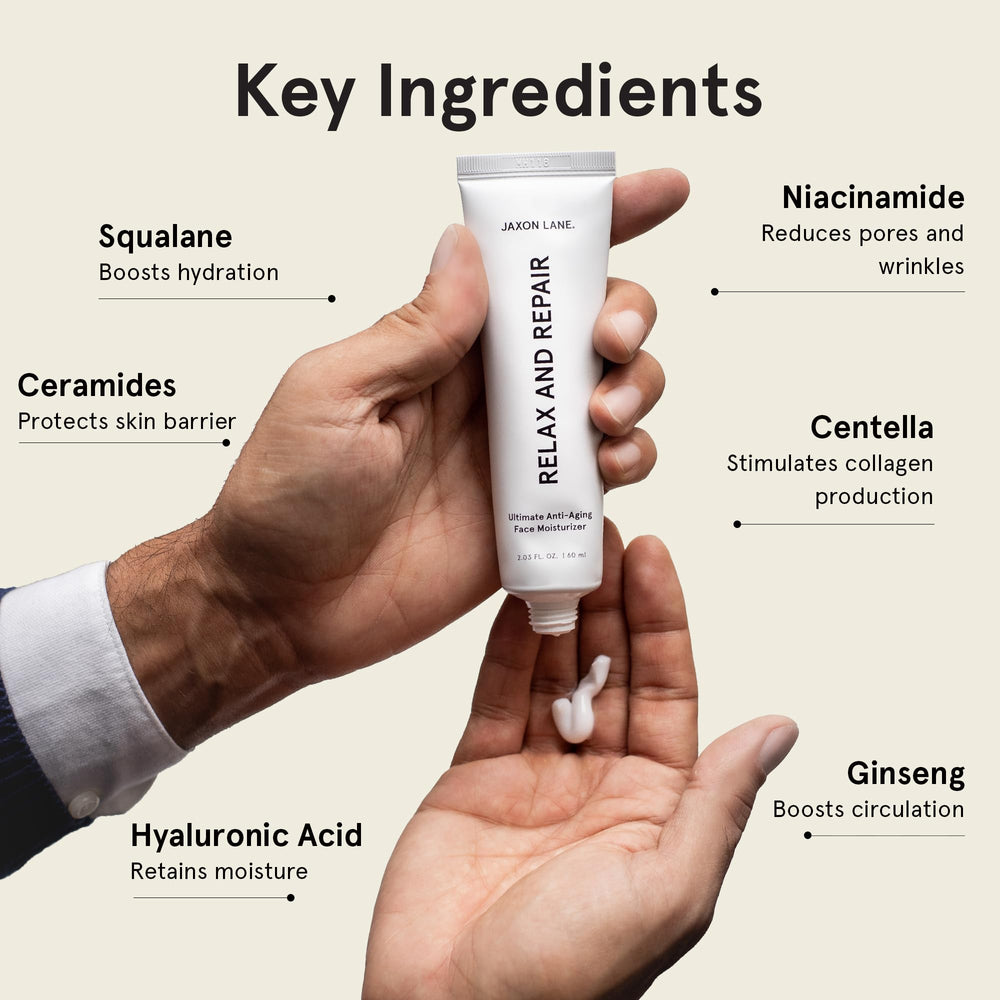 JAXON LANE Relax and Repair label close-up highlighting Niacinamide and Hyaluronic Acid benefits.