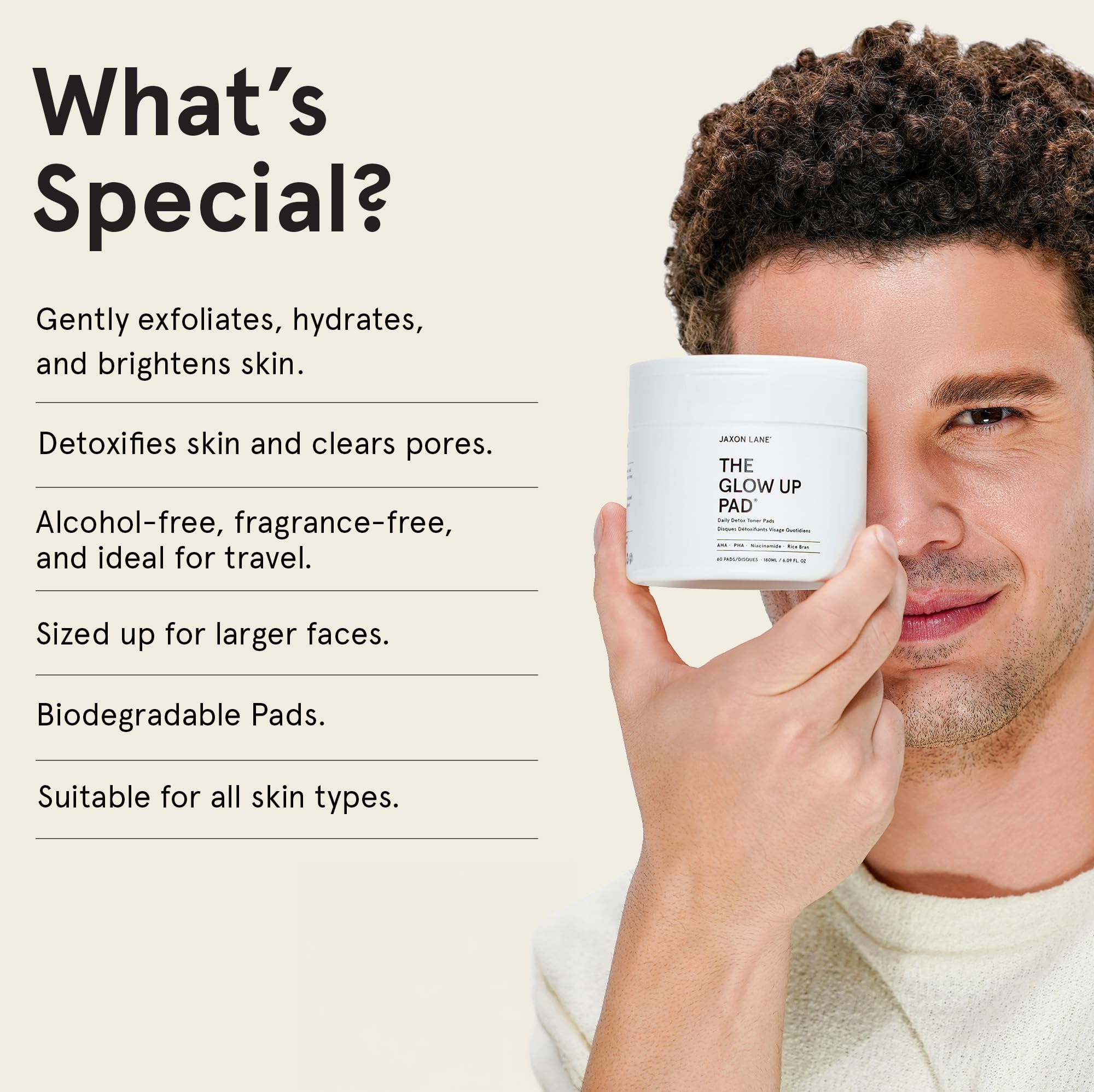 JAXON LANE Rice Toner Pads application swipe demonstrates simple post-workout skincare routine.