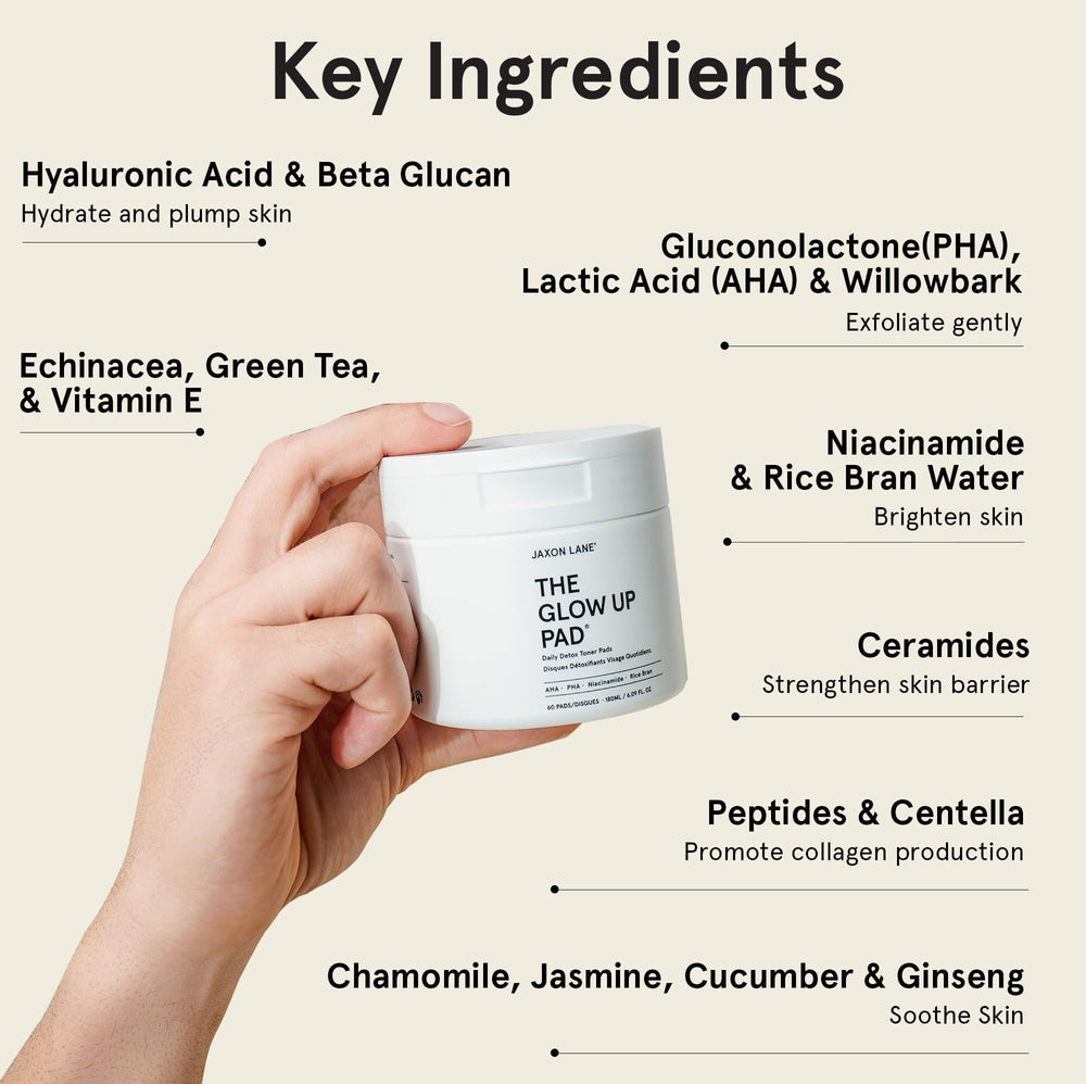 JAXON LANE Rice Toner Pads bottle with pads highlights all-in-one cleansing and exfoliation.