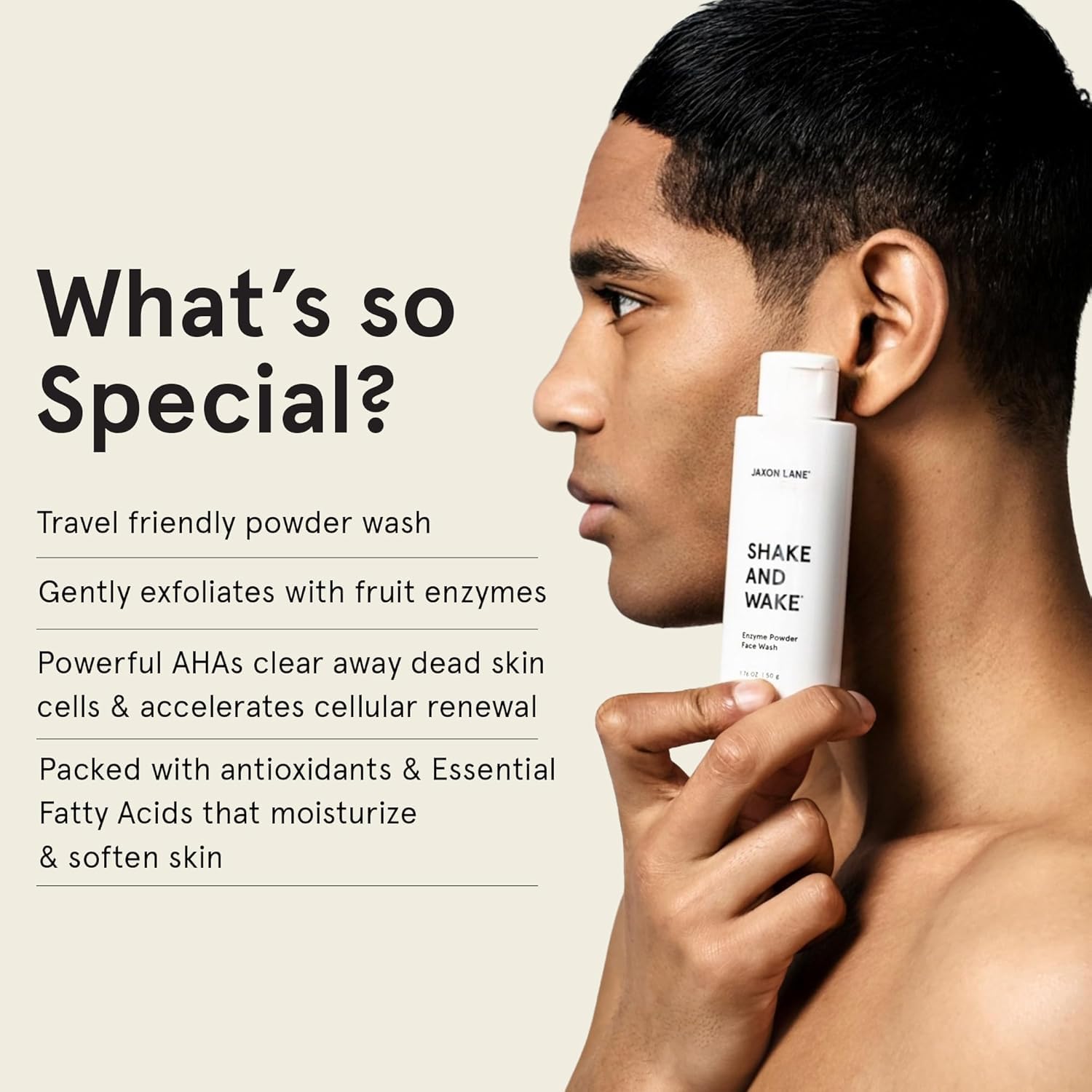 JAXON LANE Shake and Wake foam activation highlights gentle exfoliation with enzymes.