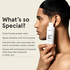 JAXON LANE Shake and Wake foam activation highlights gentle exfoliation with enzymes.
