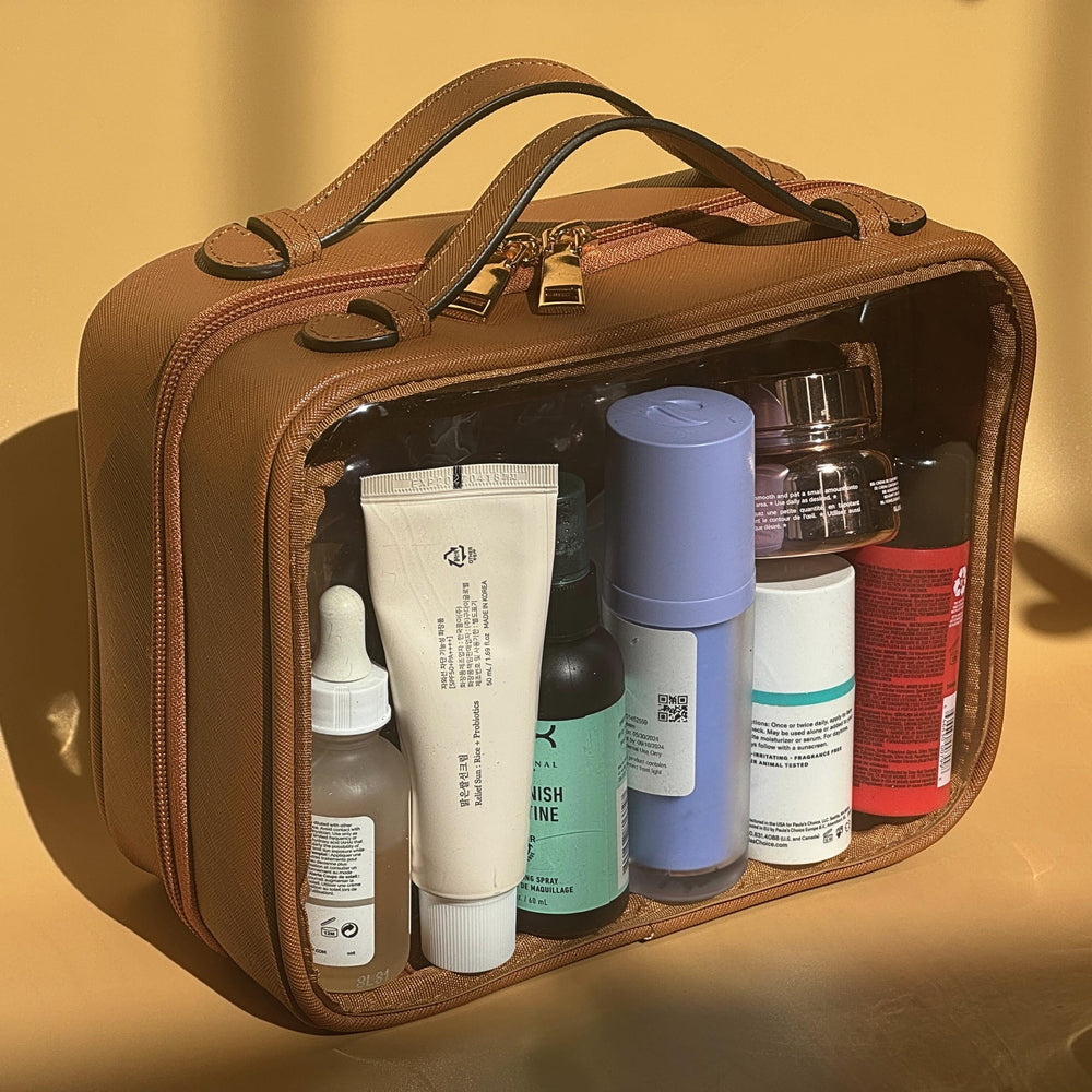 JAZD Clear Makeup Bag showcasing saffiano leather accents for durable, stylish travel