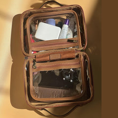 JAZD Clear Makeup Bag featuring two compartments for organized cosmetics and toiletries