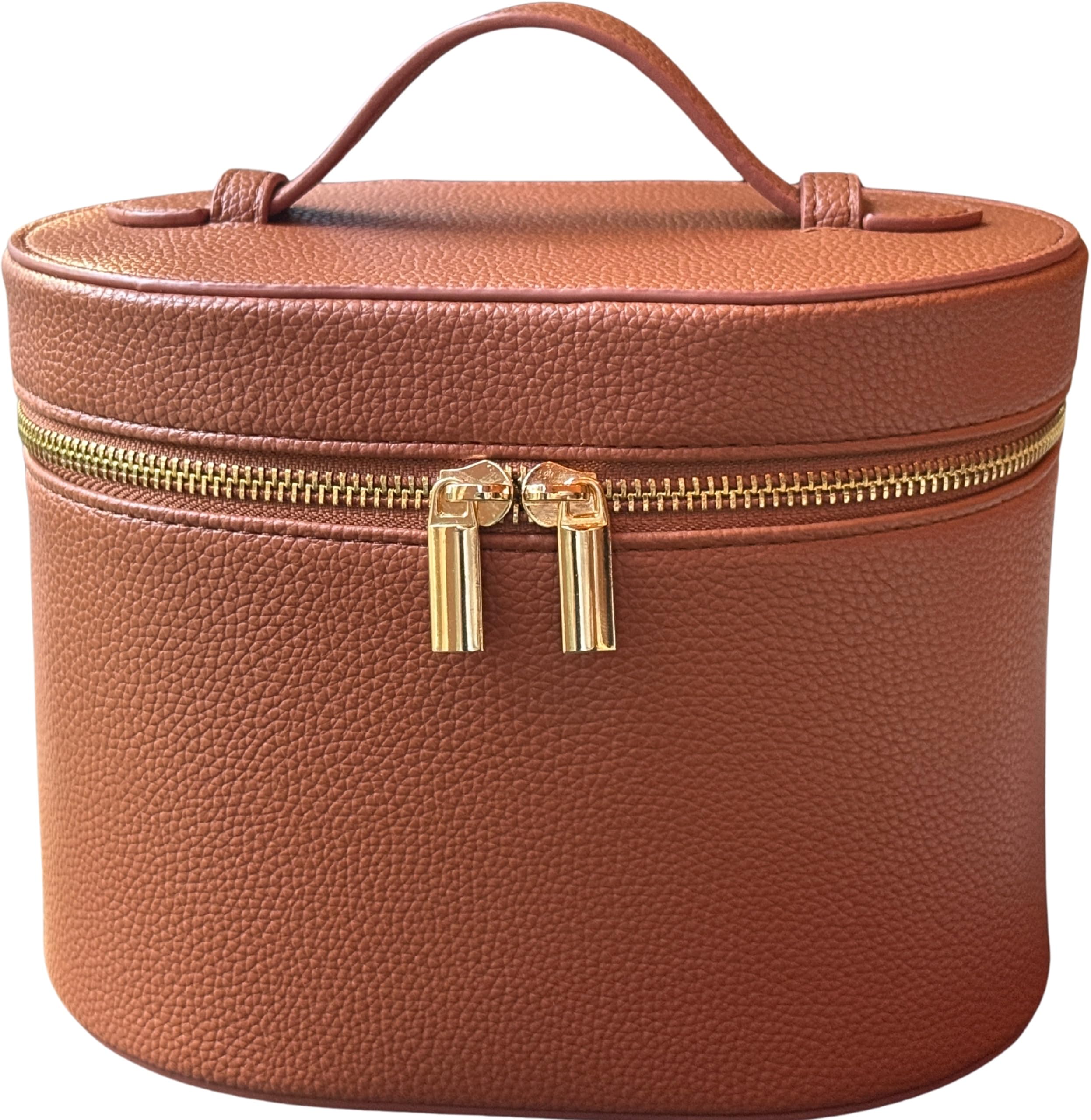 JAZD vanity case brown front view, compact travel organizer for cosmetics.