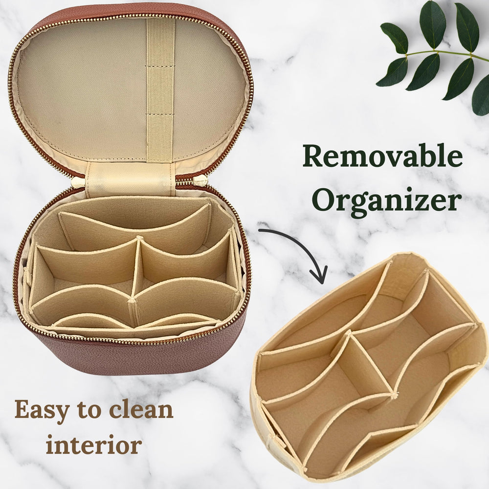 JAZD vanity case top handle closeup, lightweight for weekend getaways.