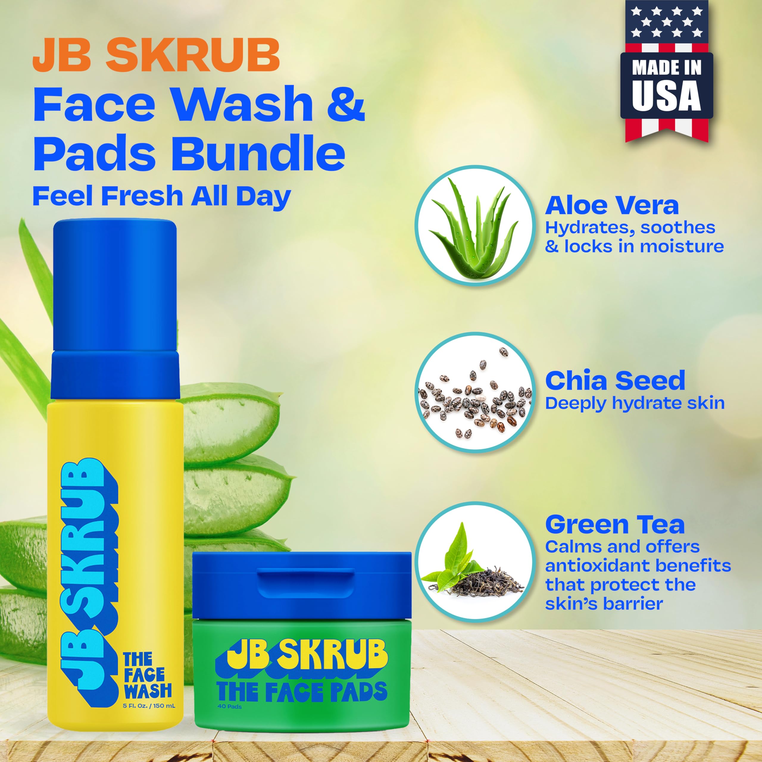 JB SKRUB Aloe vera chia seeds ingredients close-up, soothing hydration for daily cleansing.