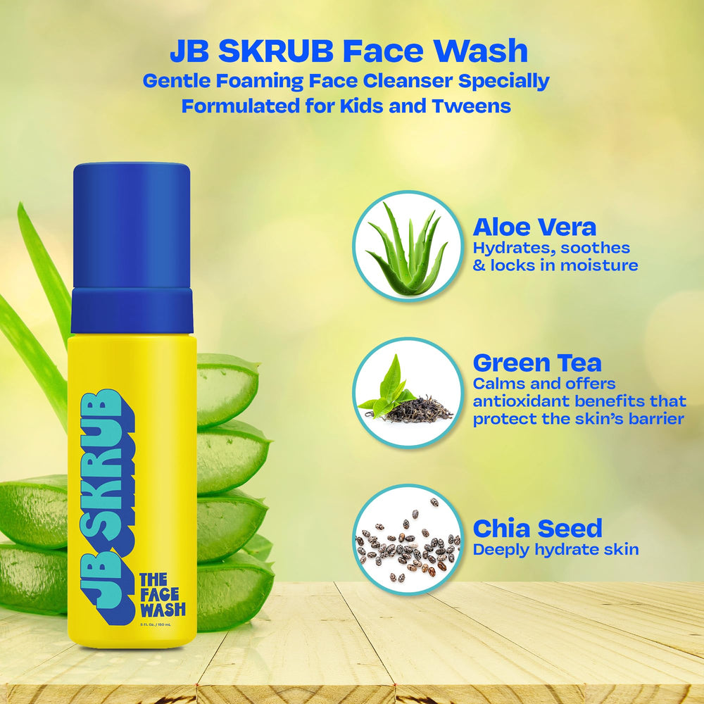 JB SKRUB aloe-vera-chia-seed highlight shows soothing, nourishing ingredients for sensitive skin.