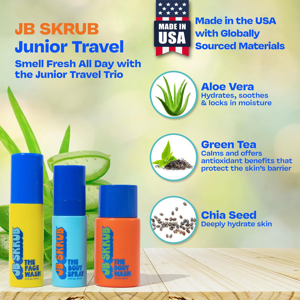JB SKRUB Junior Travel Trio citrus body wash label with uplifting scent.
