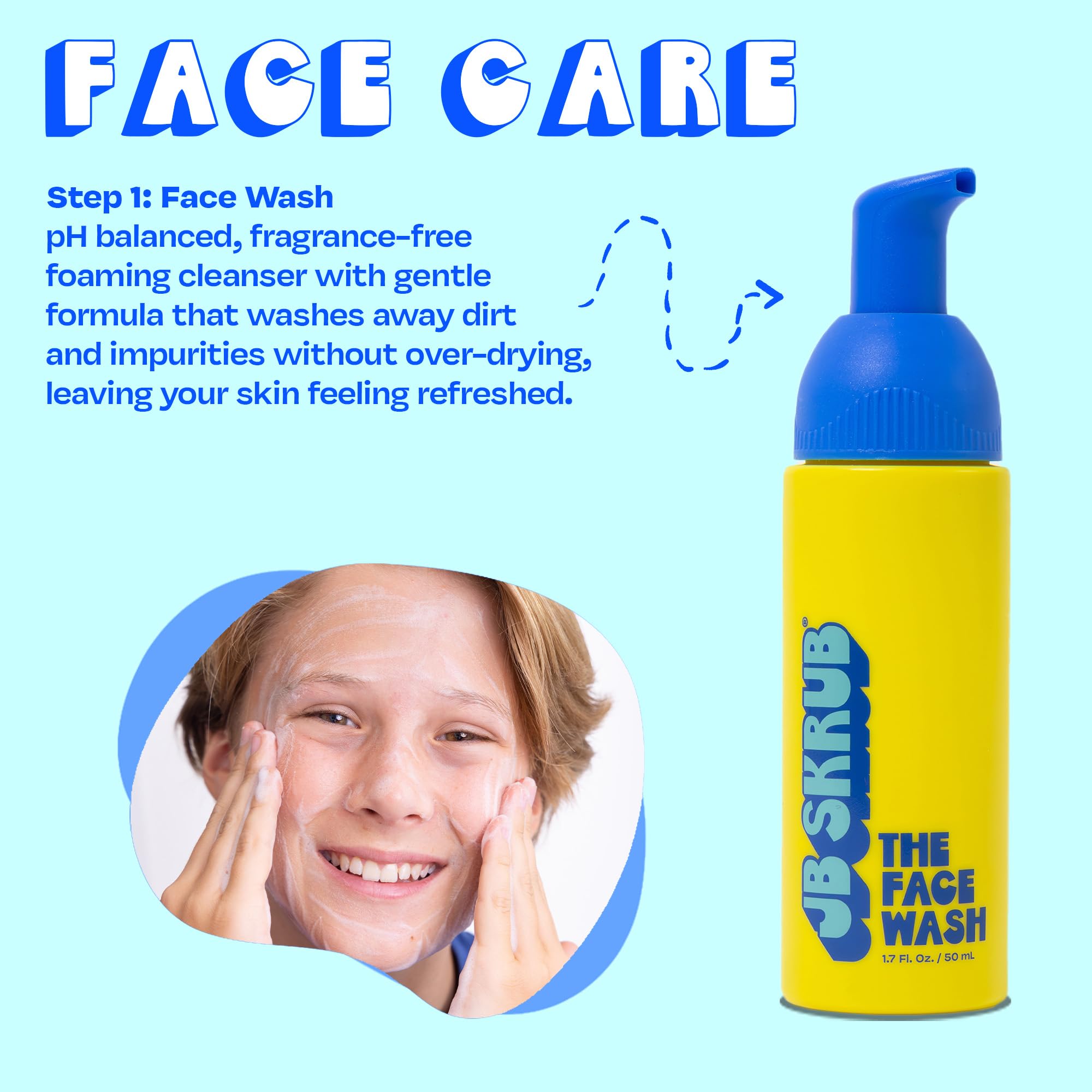 JB SKRUB Junior Travel Trio fragrance-free face wash close-up for gentle cleansing.