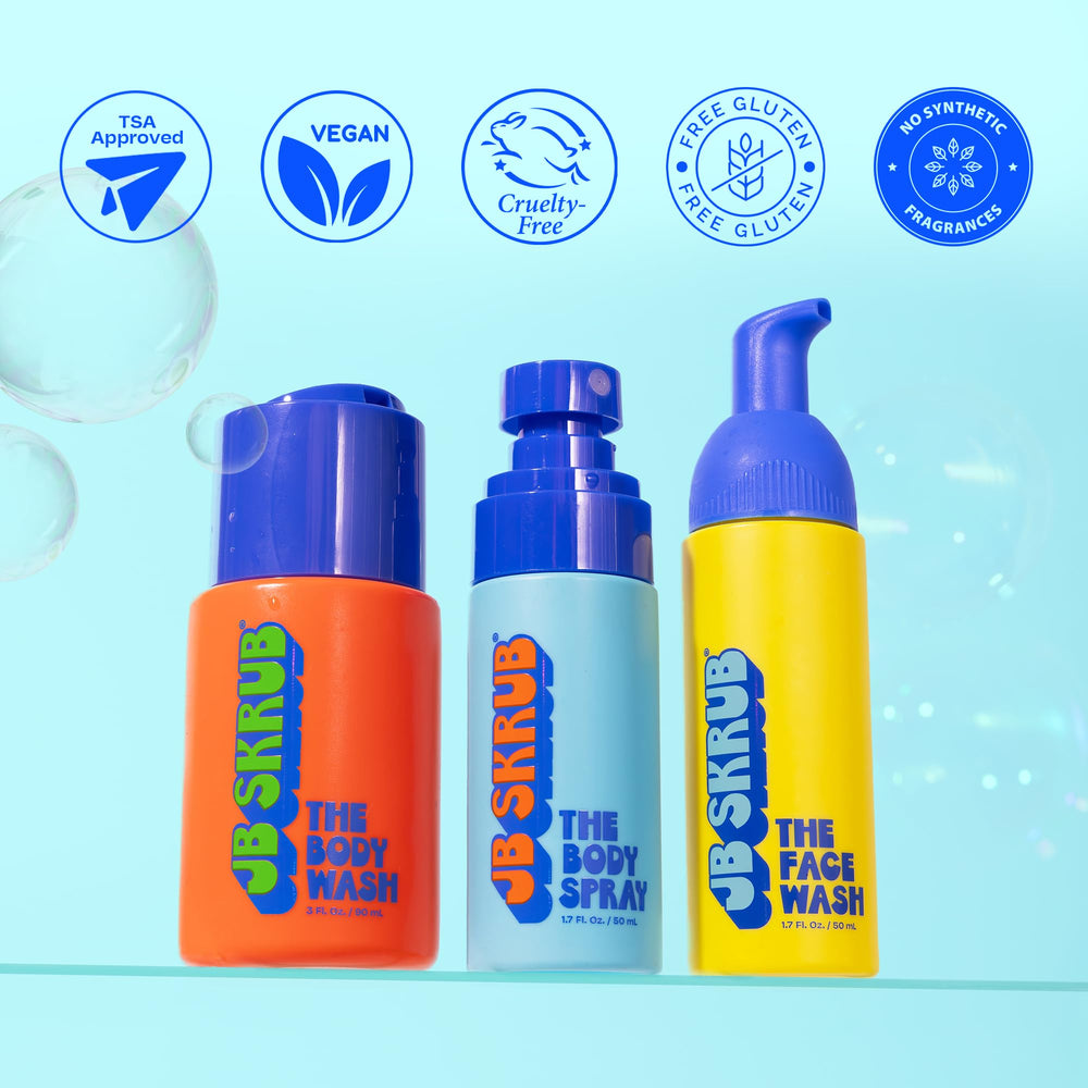 JB SKRUB Junior Travel Trio on-the-go daily skincare routine for kids.
