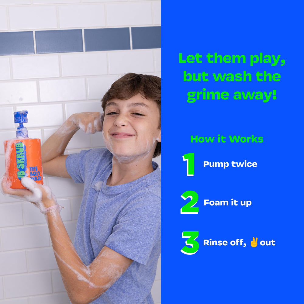 JB SKRUB used in kids' bathroom routine after sports for refreshing cleanse.