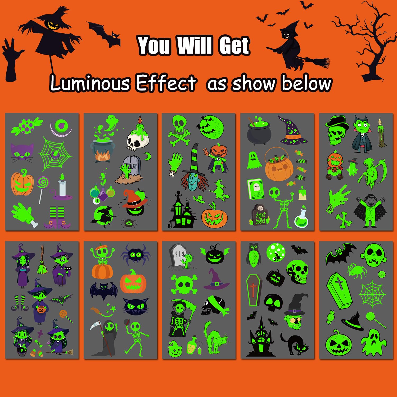 JCFIRE glow tattoo witch motif ideal for Halloween dress-up moments.