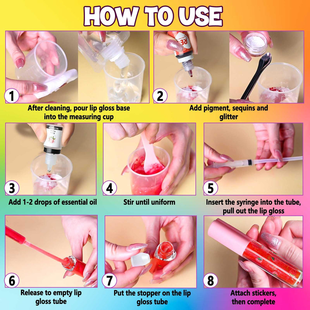 Jcoos instruction set and tools visible support safe guided DIY lip gloss making at home.