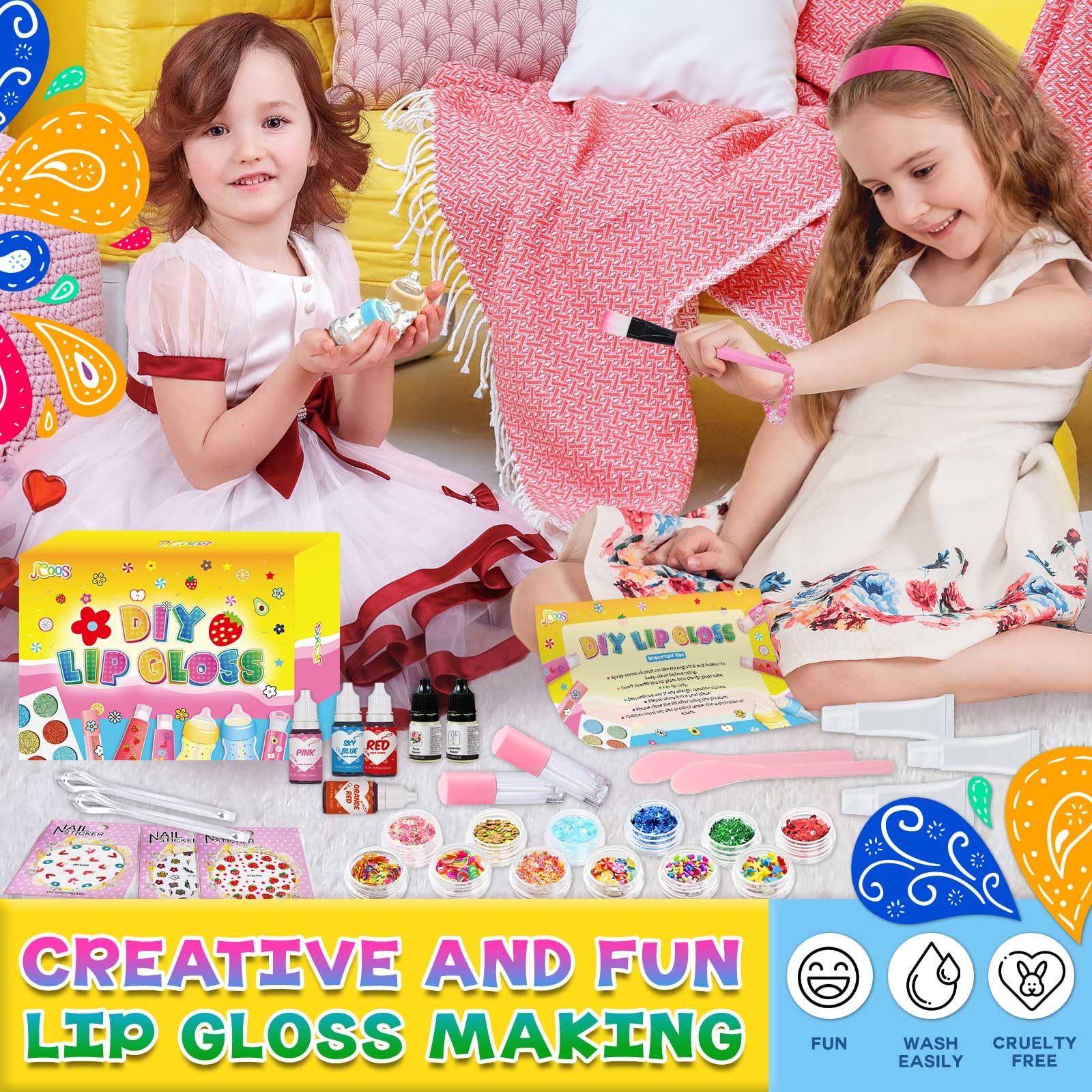Jcoos lip gloss color pigments shown with vibrant swatches for custom shades and sparkle.