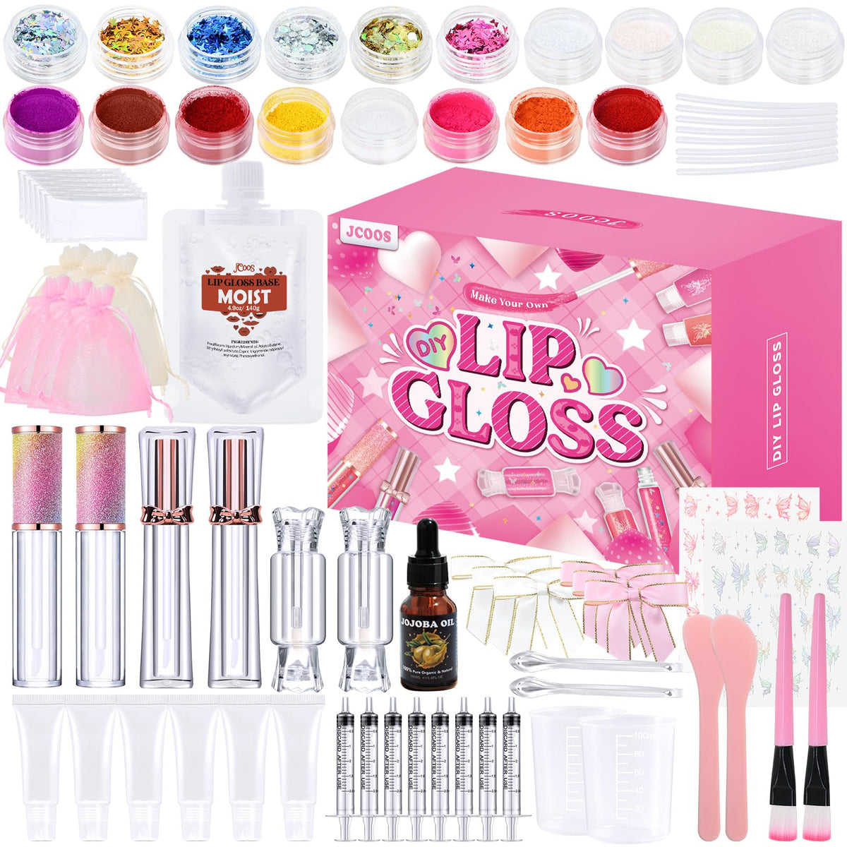 JCOOS lip gloss making kit contents ready for easy at-home DIY projects.