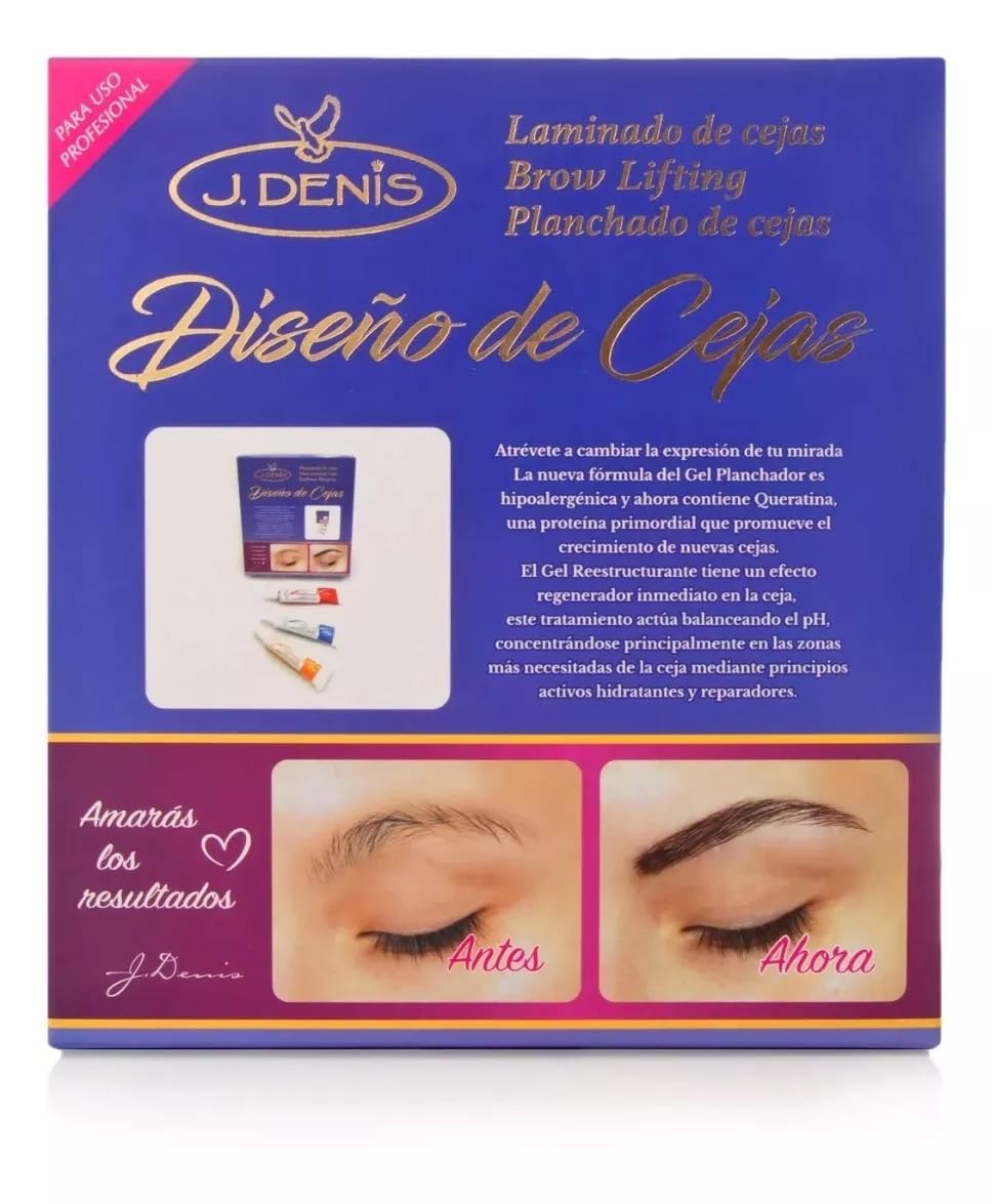 J Denis Eyebrow Laminating Kit components laid out for easy at-home use.