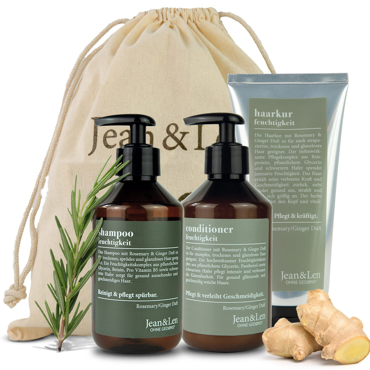 Jean&Len shampoo bottle with rosemary-ginger for hydrating daily cleanse and shine