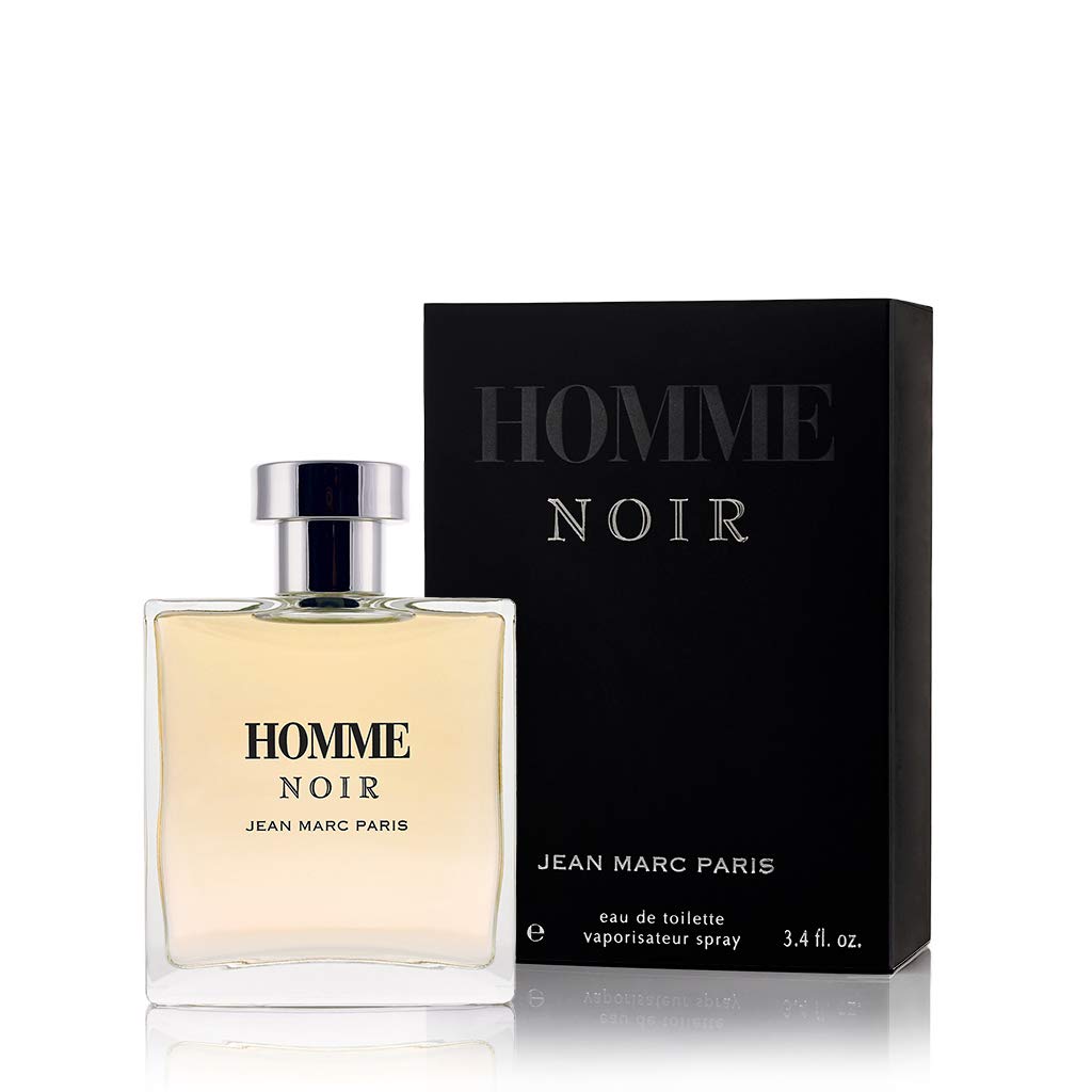 Jean Marc Paris Homme Noir bottle front showcases a sophisticated woody fragrance for refined evenings.