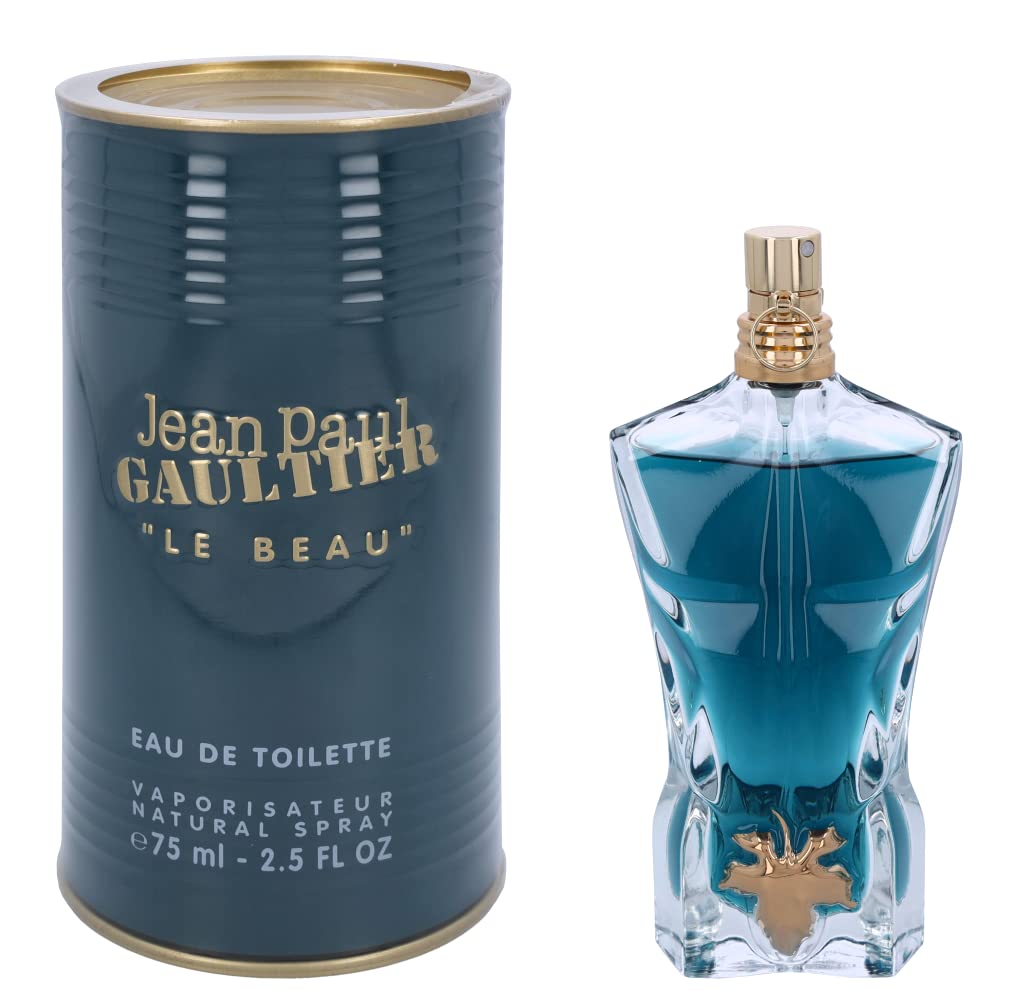 Jean Paul Gaultier Le Beau bottle with vine leaf conveys masculine elegance.