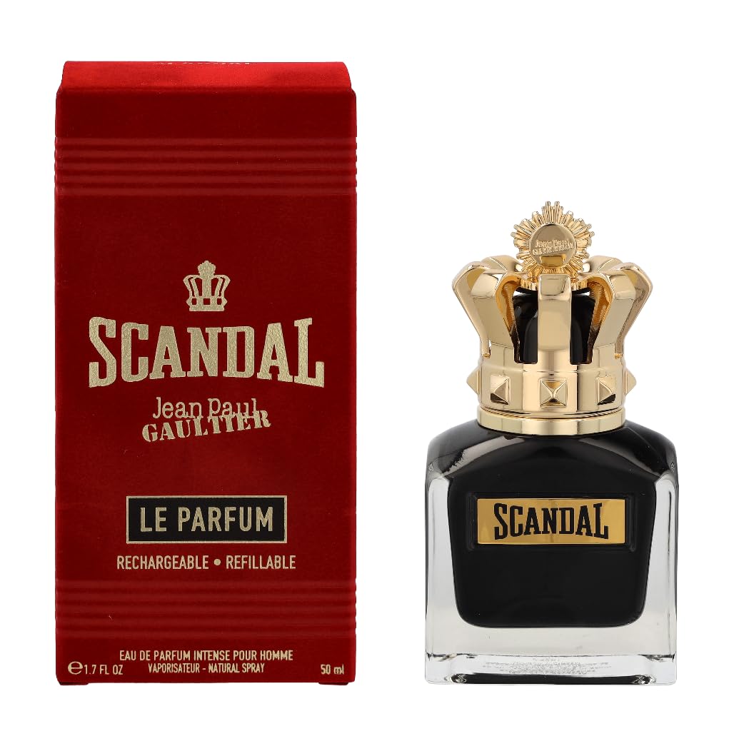 Jean Paul Gaultier Scandal Pour Homme Le Parfum bottle closeup highlighting amber warmth for evening wear