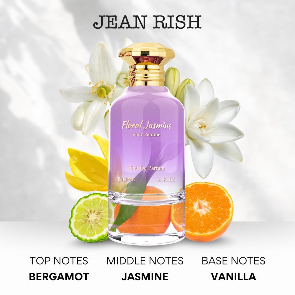 Jean Rish Floral Jasmine bottle side reveals sophisticated silhouette for refined daily wear