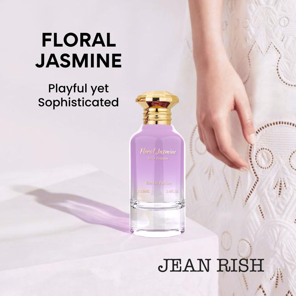 Jean Rish Floral Jasmine bottle with flowers foreground suggests romantic evening fragrance