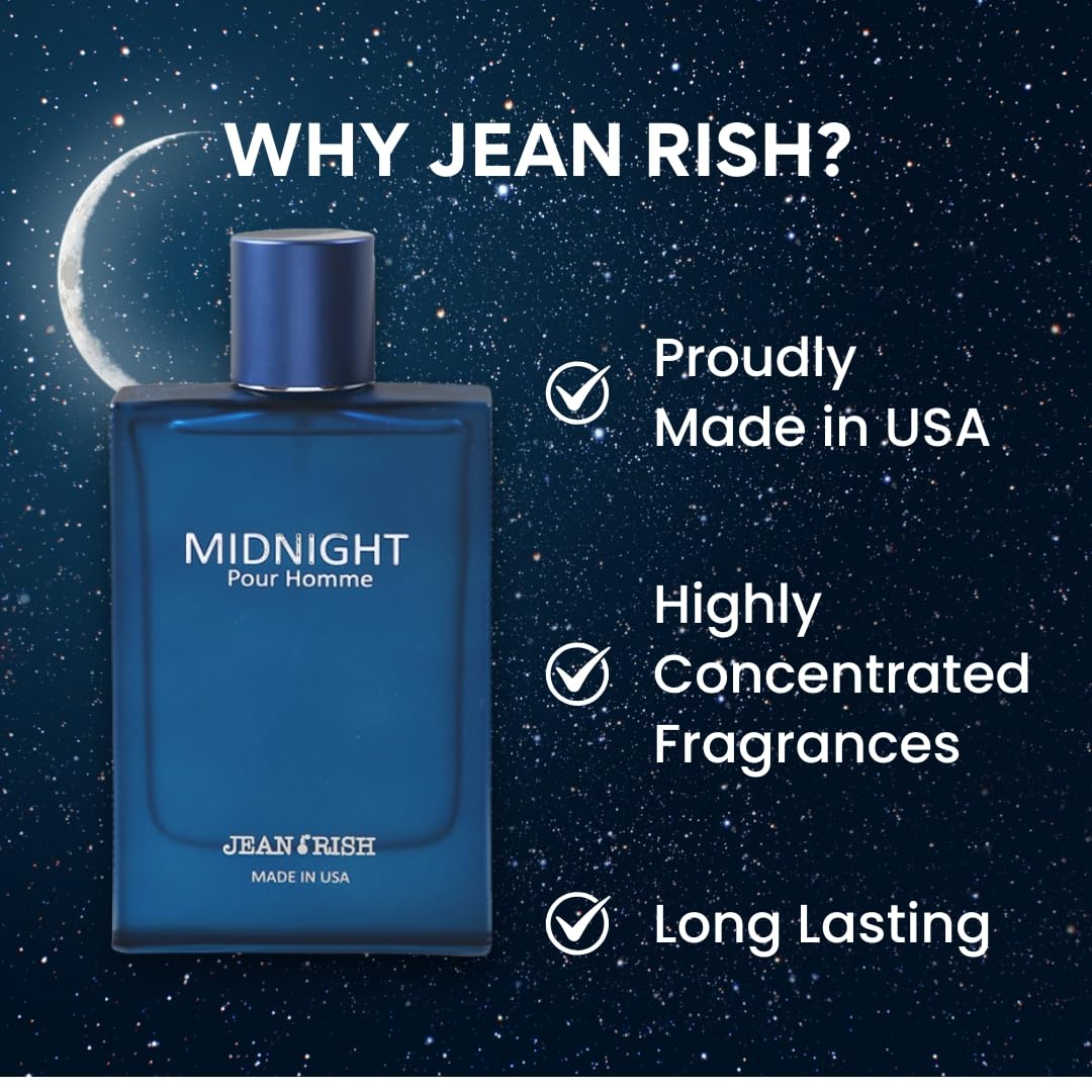 Jean Rish Midnight Pour Homme packaging side reveals premium USA-made craftsmanship