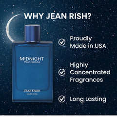 Jean Rish Midnight Pour Homme packaging side reveals premium USA-made craftsmanship