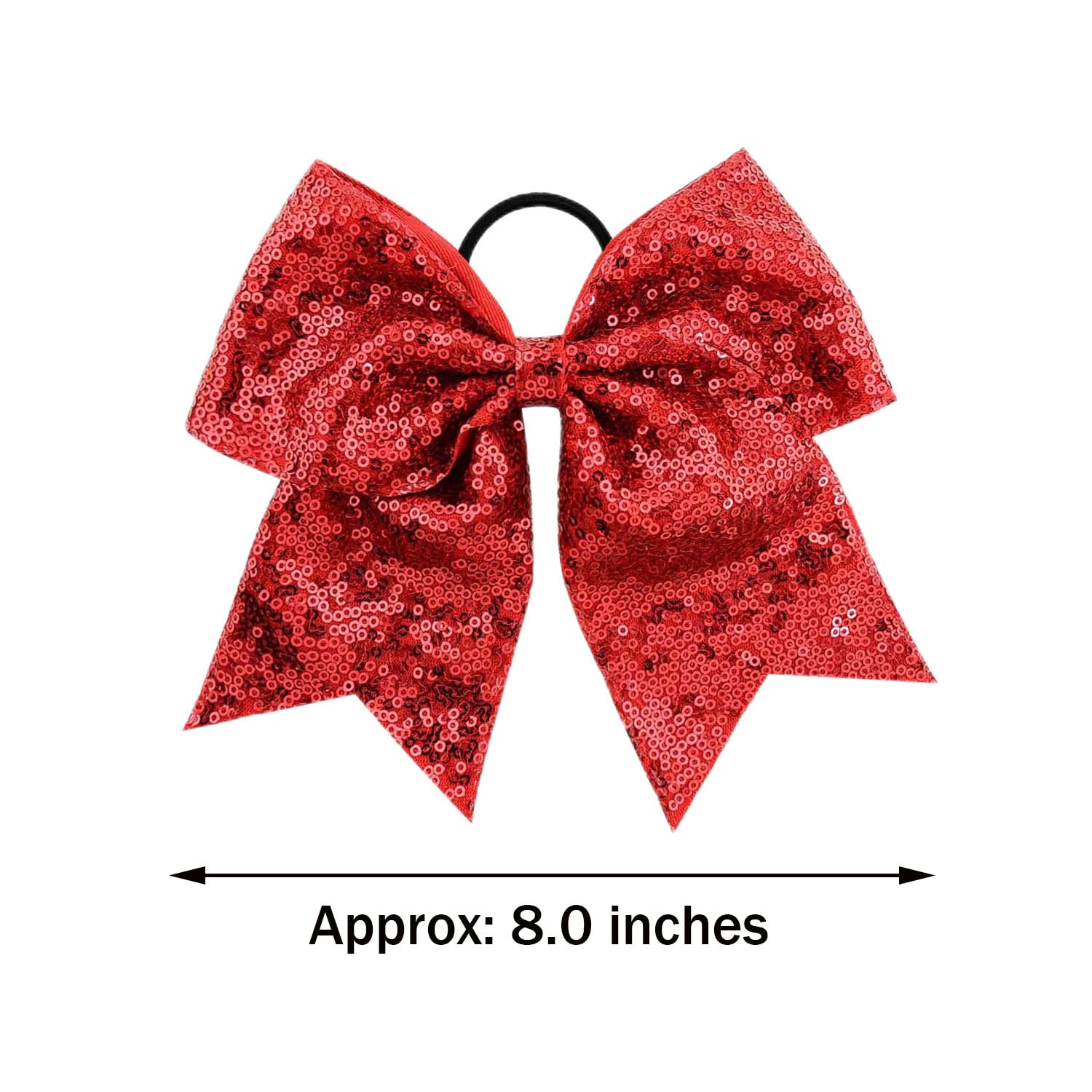 Jeffan red glitter cheer bow closeup highlights sparkle and durable elastic