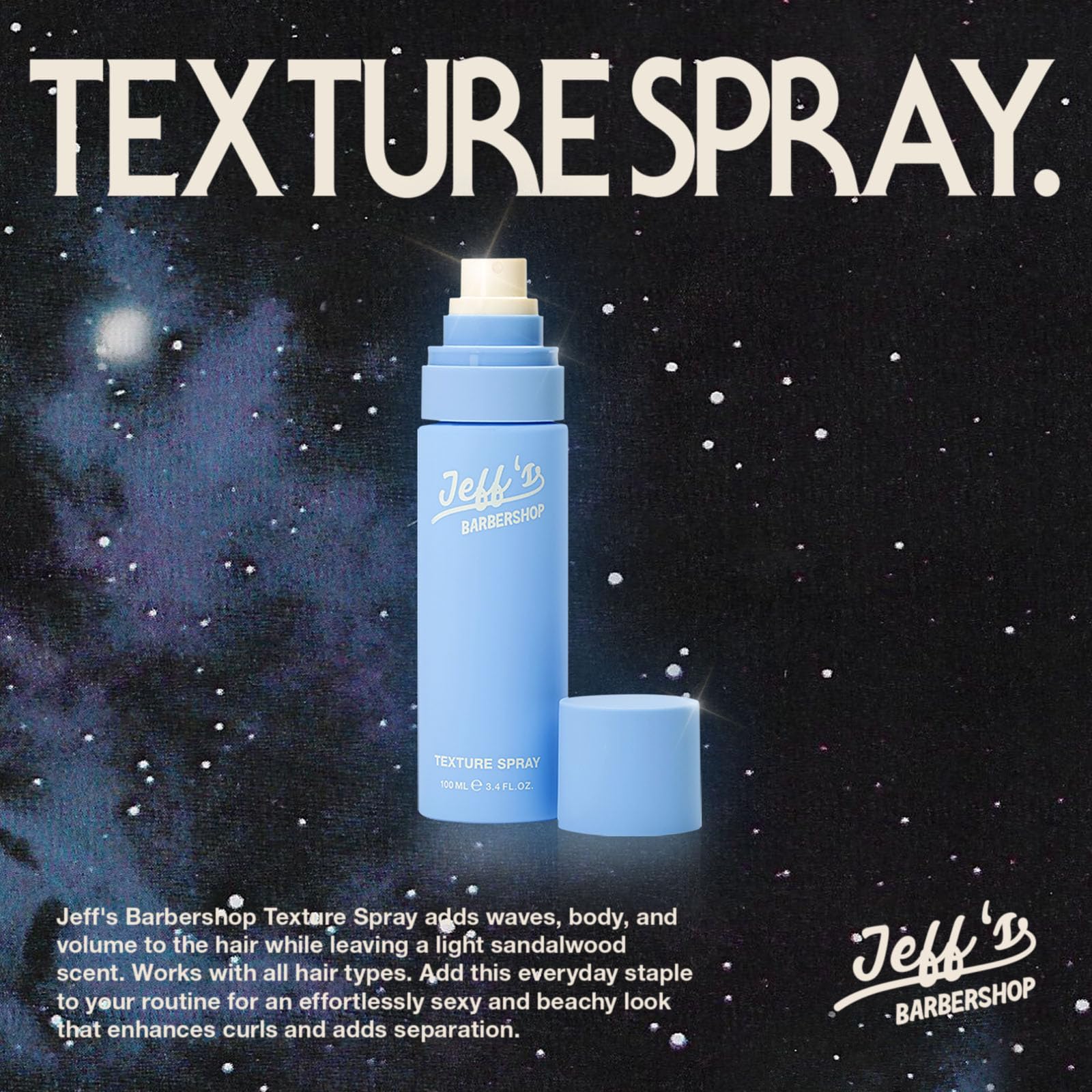 Jeff's Barbershop Sea Salt Texture Spray hair waves scene demonstrates natural beachy volume and matte finish.