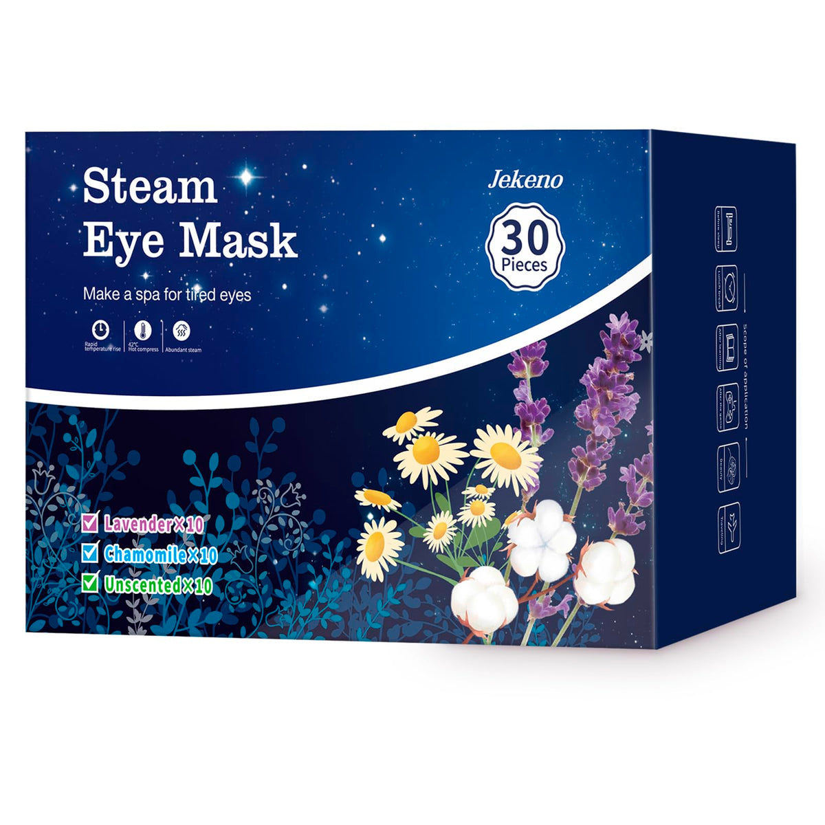 Jekeno Steam Eye Mask packaging demonstrates a compact, self-heating sleep aid for travelers.