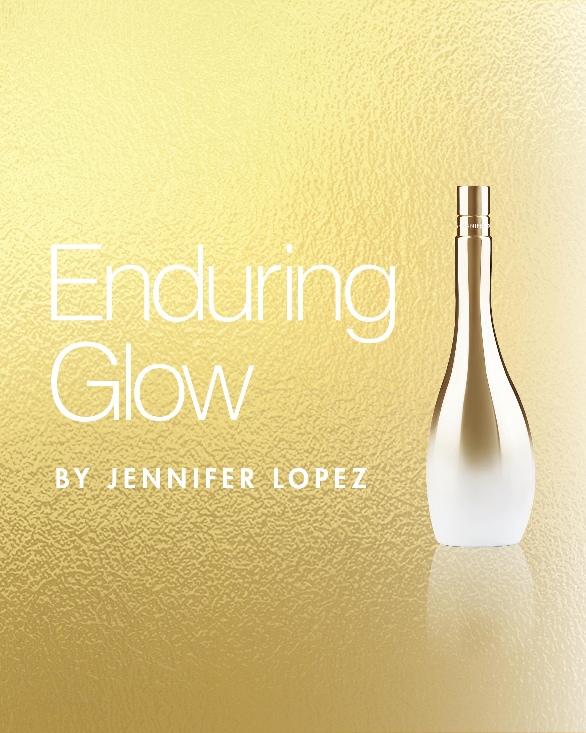 Jennifer Lopez Enduring Glow flacon closeup emphasizes sleek glass and elegant design.