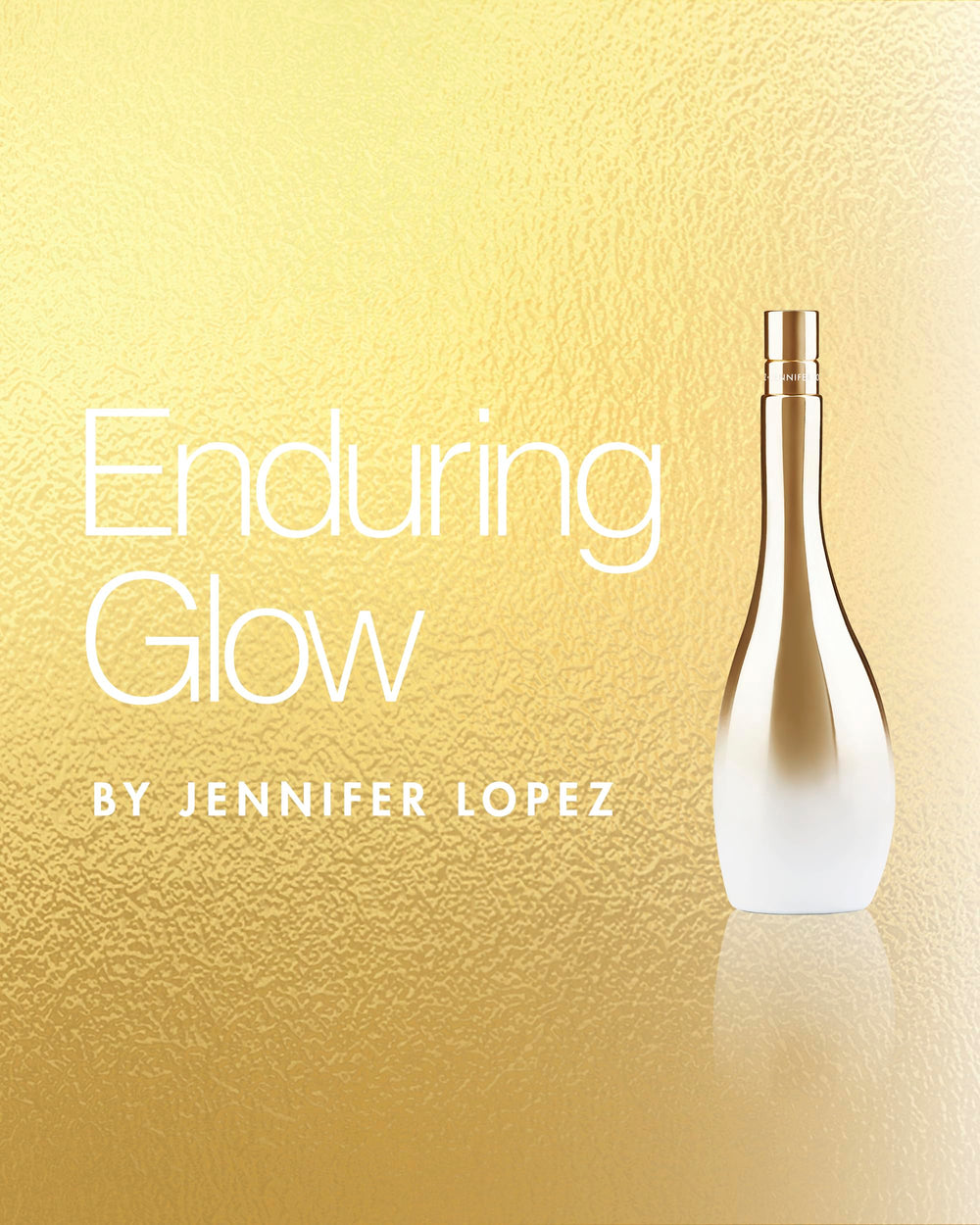 Jennifer Lopez Enduring Glow flacon closeup emphasizes sleek glass and elegant design.