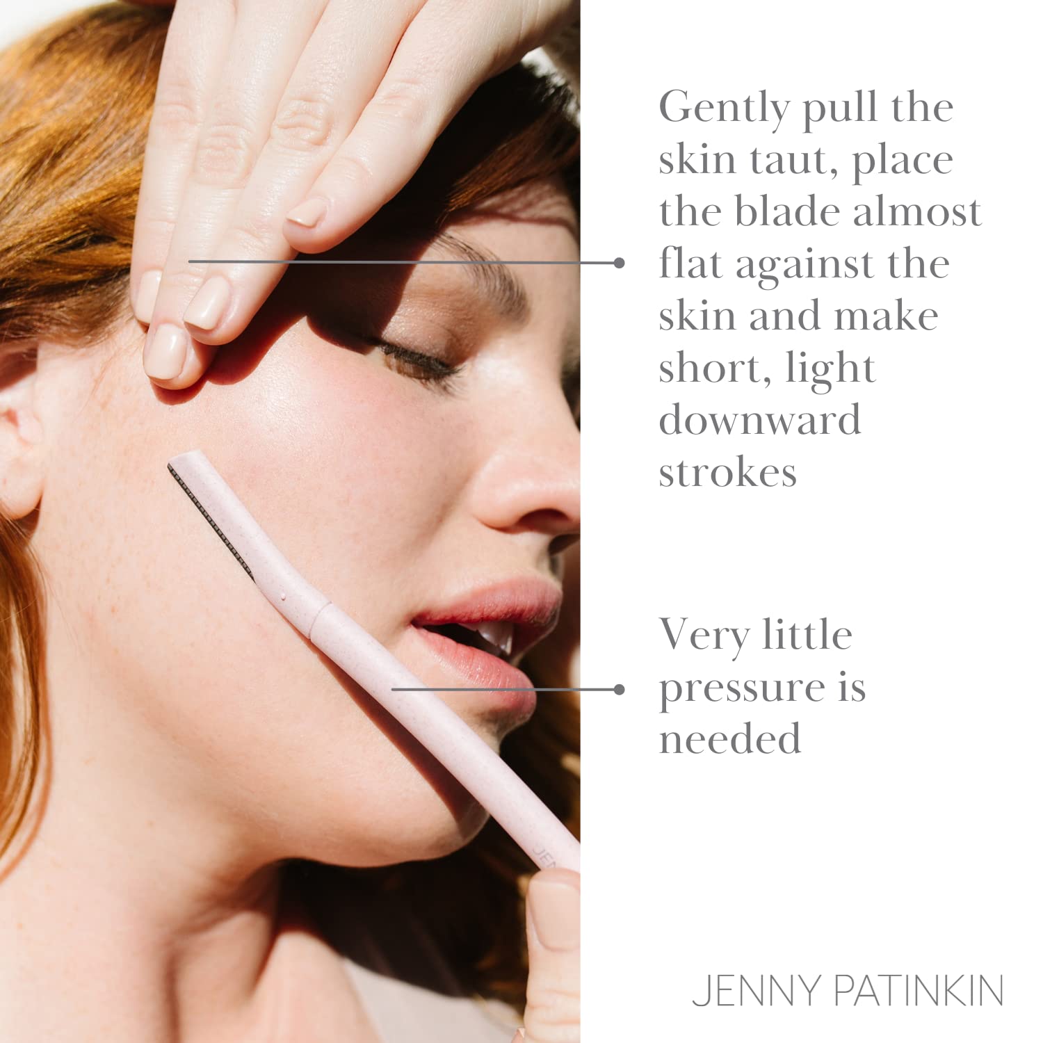 Jenny Patinkin Dermaplaning Tool Peach Fuzz Removal shows hair-free surface preparation.