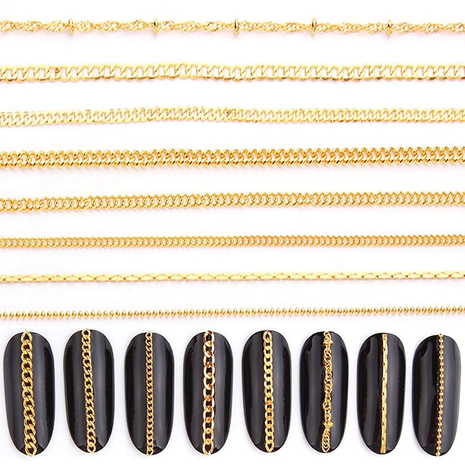 JERCLITY 8-strips gold nail chains in packaging for easy selection