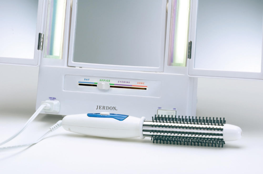 JERDON White Base Tri-Fold Vanity offers expanded angles for contouring and makeup checks.