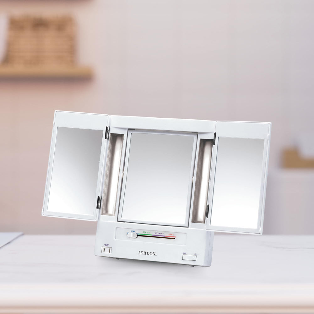 JERDON Compact Folding Vanity Mirror fits desks and countertops to save space.