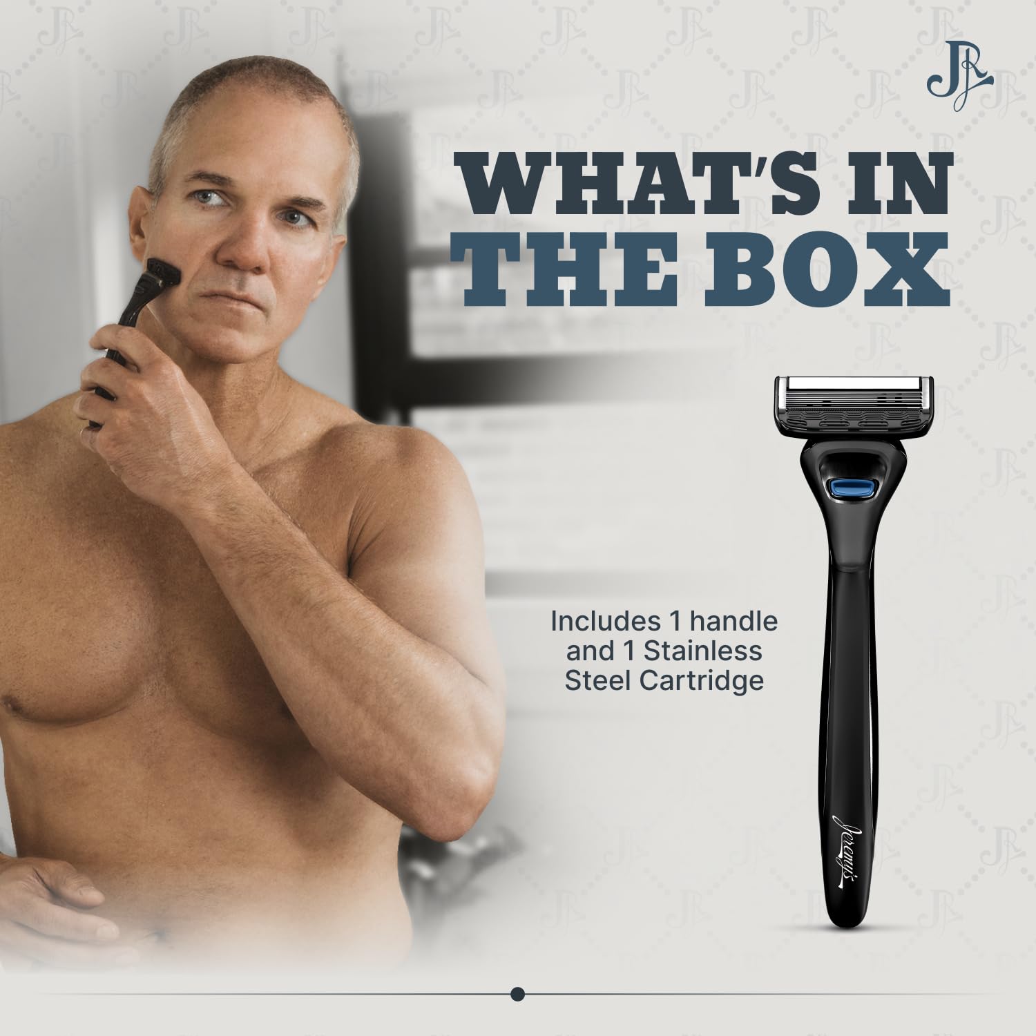 Jeremy's five-blade cartridge shows precision blades for a close, smooth shave