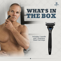 Jeremy's five-blade cartridge shows precision blades for a close, smooth shave