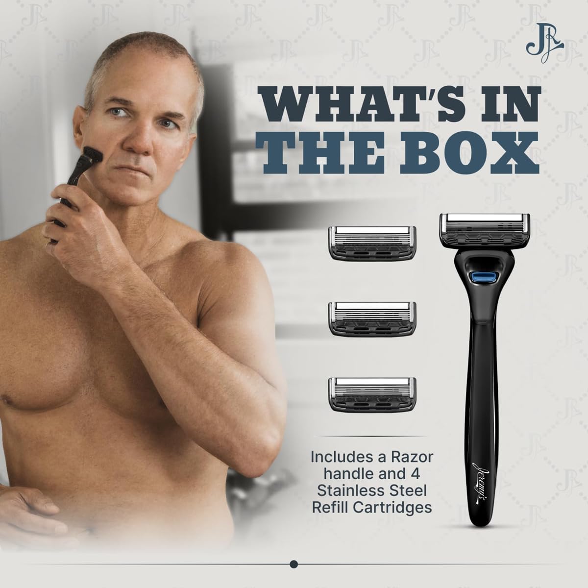 Jeremy's Razors for Men cartridge pack with four cartridges for multiple smooth shaves.