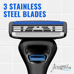 Jeremy's stainless steel blades close-up showing durability for precise shaving