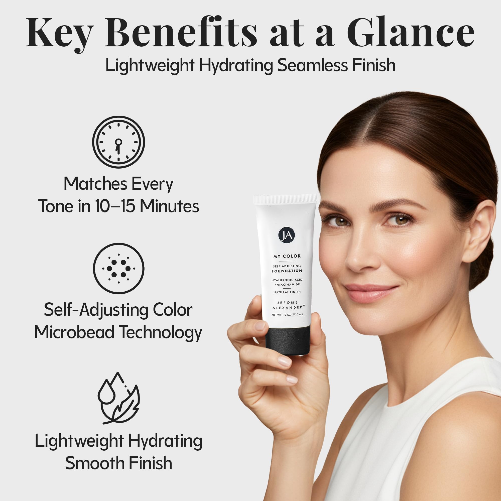 Jerome Alexander foundation closeup hydrating texture visual emphasizes lightweight wear.