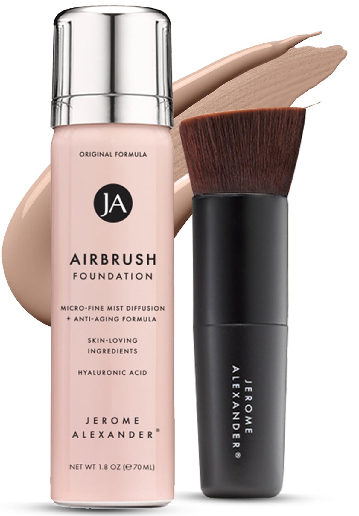 Jerome Alexander MagicMinerals airbrush foundation bottle close-up highlighting lightweight coverage.