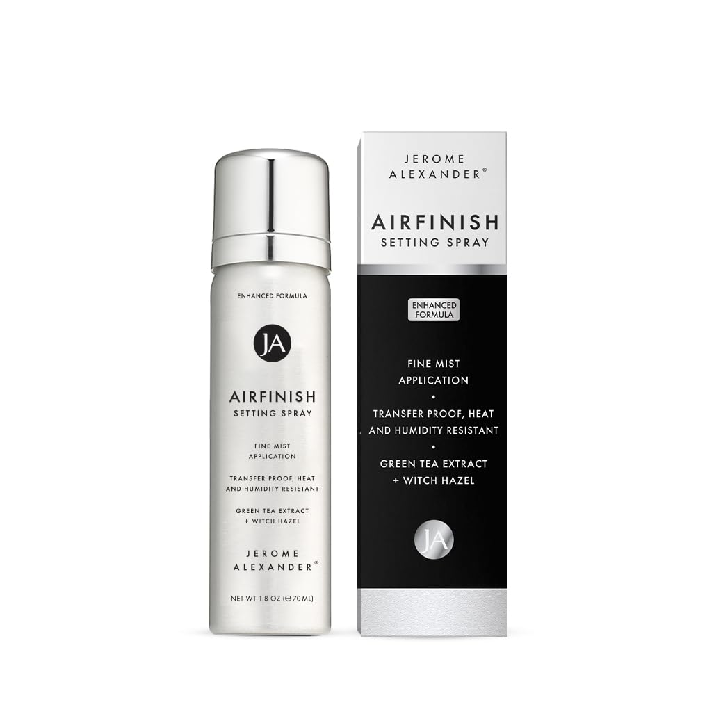 Jerome Alexander MagicMinerals AirFinish Spray bottle showing long-lasting setting for makeup