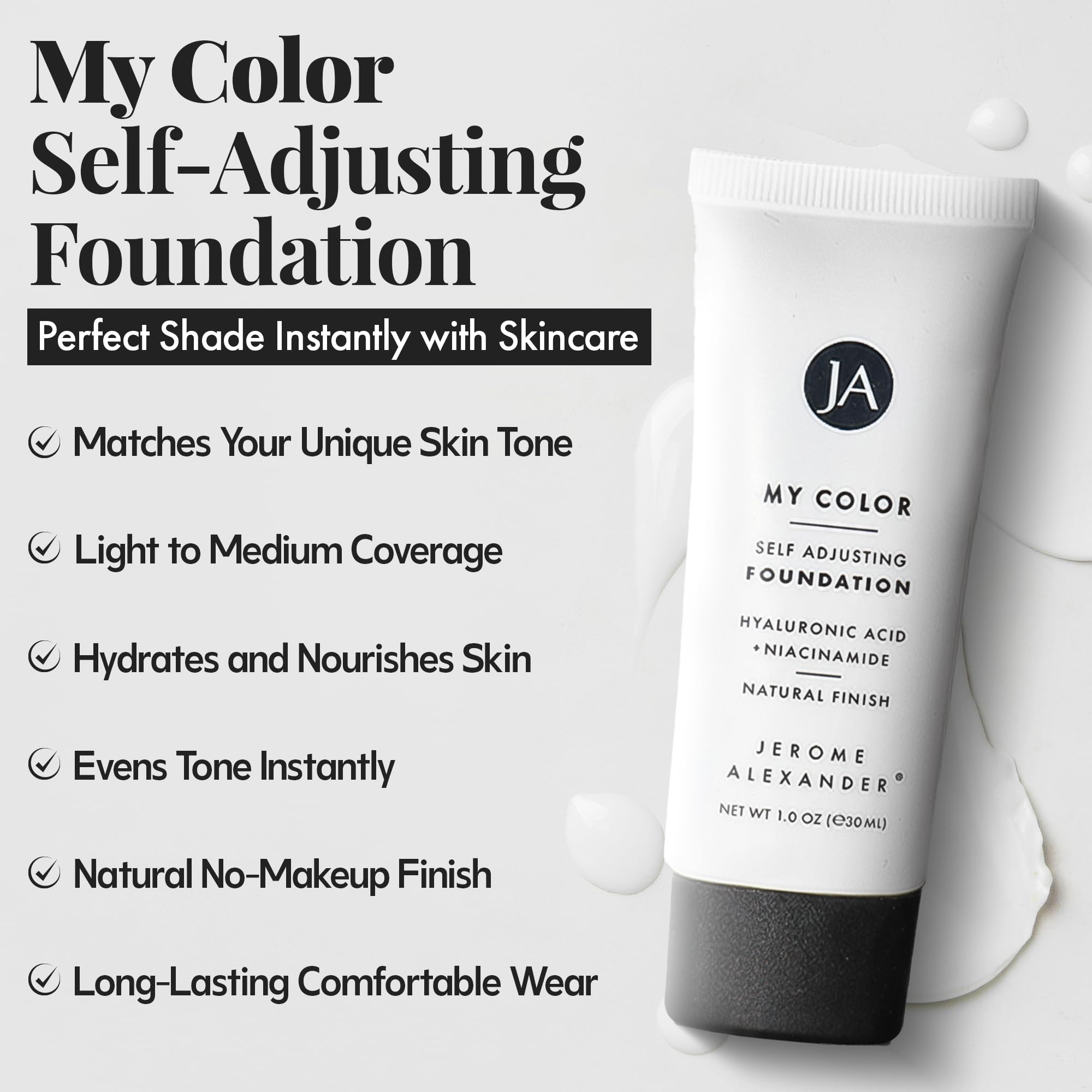 Jerome Alexander My Color Self-Adjusting Foundation with Kabuki brush enables seamless application.