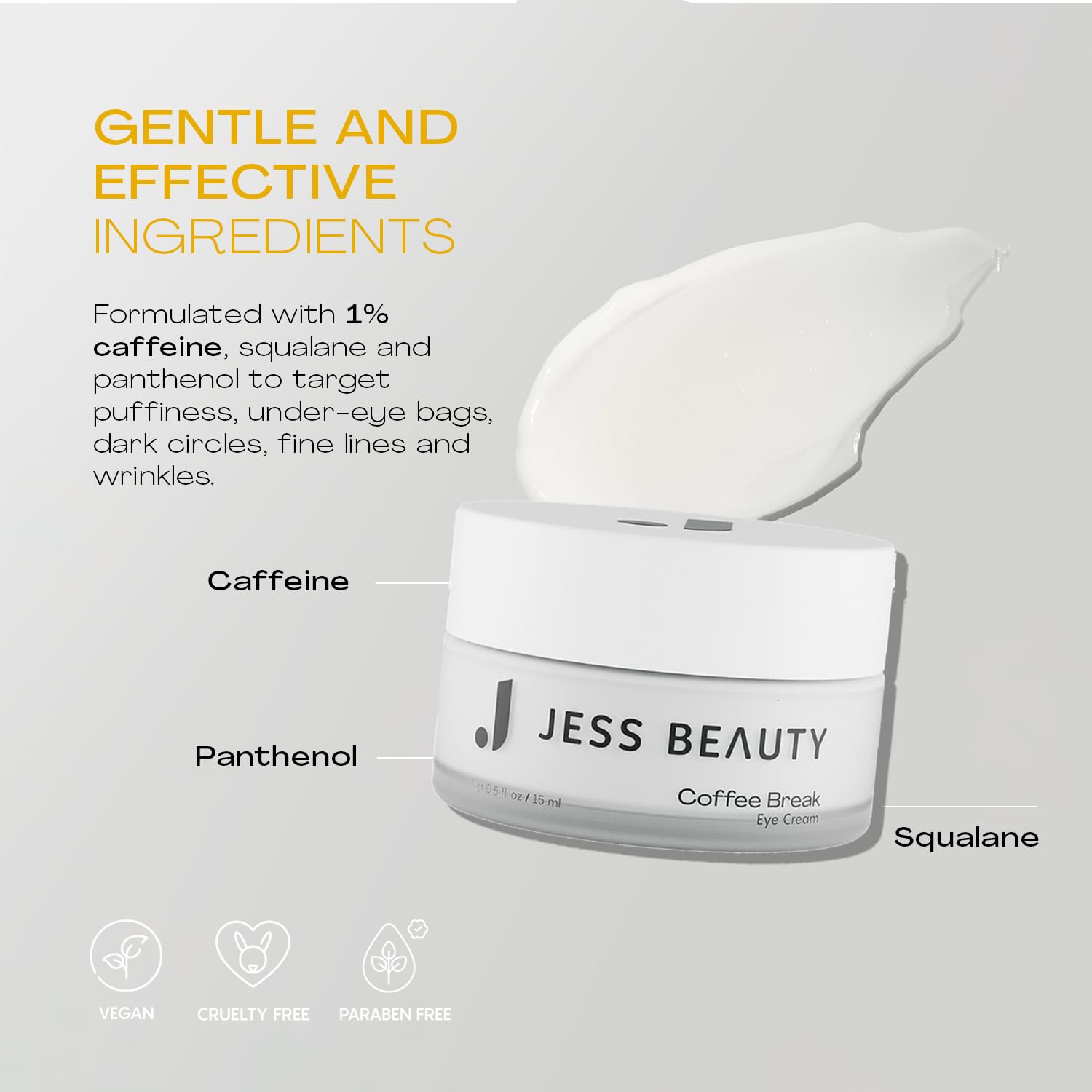 JESS BEAUTY Coffee Break Eye Cream application spot demonstrating gentle under-eye use.