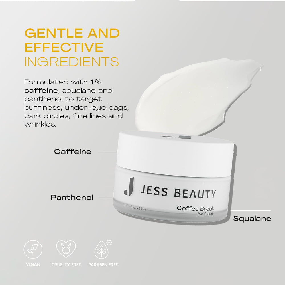JESS BEAUTY Coffee Break Eye Cream application spot demonstrating gentle under-eye use.