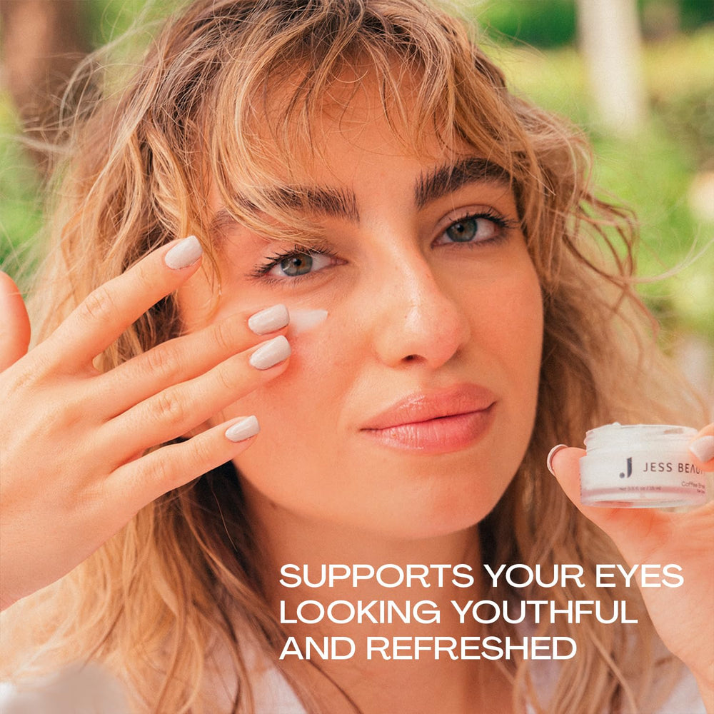 JESS BEAUTY Coffee Break Eye Cream ingredient squalane panthenol highlights hydrating formula.